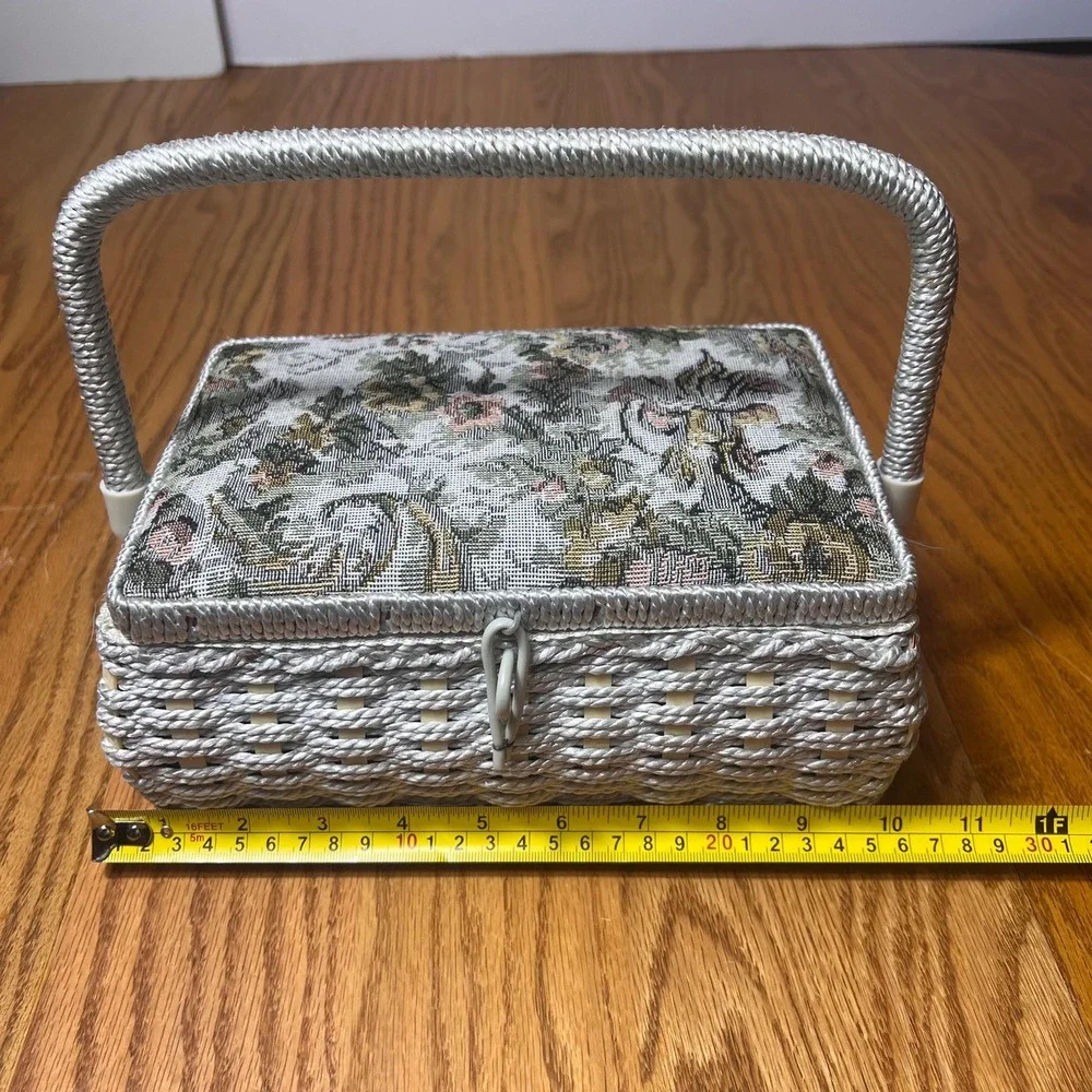 VTG Woven Sewing Basket Box Floral Tapestry Lid Taiwan cottage Box Needlework